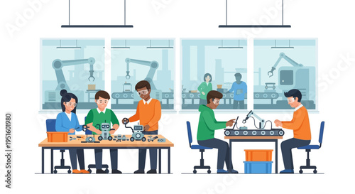 Diverse Young Engineers & Students Collaborate on Robotics and Automation Projects in a Modern Lab, Advancing Future Technology and Manufacturing
