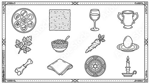 A close‑up view of a traditional Passover Seder illustration set, featuring a plate, wine glass, egg, candlestick and carrot arranged on a decorative border within a white studio background