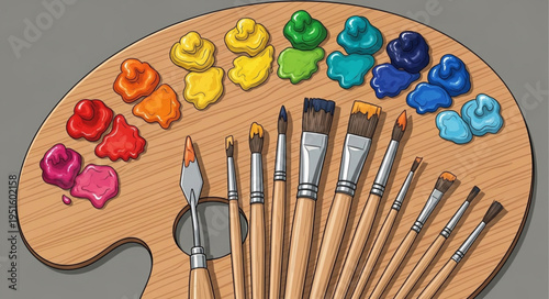 Artists Palette with Vibrant Paints and Assorted Brushes.