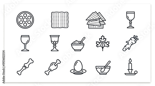 Illustrated celebration of a Passover seder meal captured in minimalist line-art icons, displayed on a white surface from a top-down viewpoint, showcasing traditional food, drink, and ritual elements