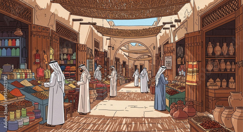 Bustling Souk Scene - Traditional Middle Eastern Market with Shoppers.