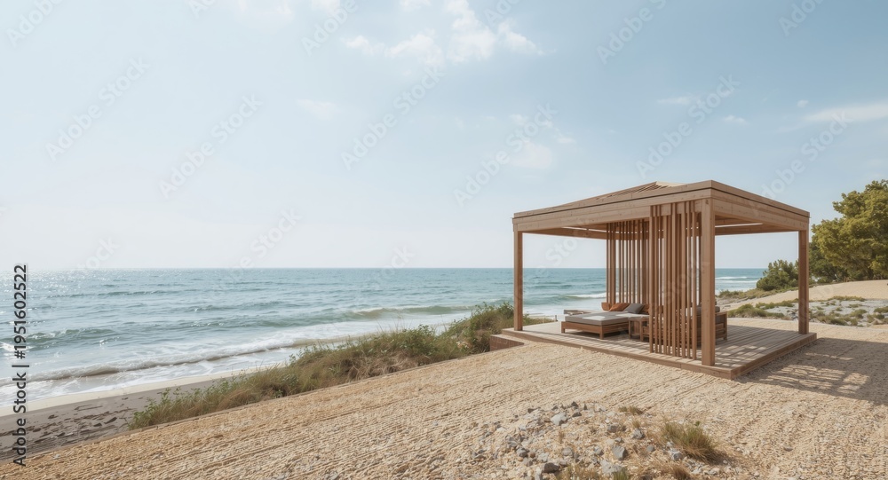 Fototapeta premium Serene wooden pavilion located seaside featuring open relaxation area beneath sunny skies suitable for gatherings