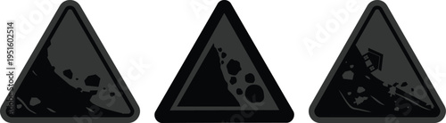 Falling rocks warning sign icon set collection group, landslide danger symbols, road hazard caution signs, rockfall alert vector icons for traffic safety and construction design.