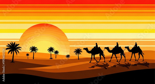 Desert Caravan at Sunset - Silhouette of Camels and Riders.