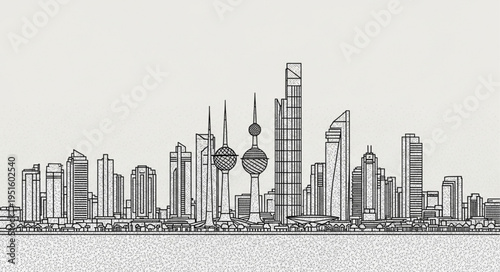 Detailed Skyline Sketch of a Modern Cityscape with Towers.