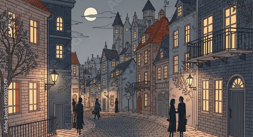 Nighttime Street Scene with Figures and Illuminated Buildings.