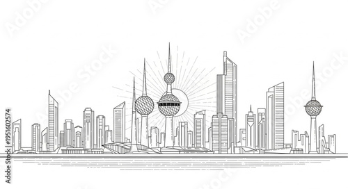 Monochrome Skyline Sketch - Urban Landscape with Towering Structures.