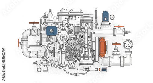 Intricate Steampunk Machine Blueprint with Gears and Pipes.