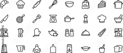 A collection of black and white icons depicting various baking tools and ingredients