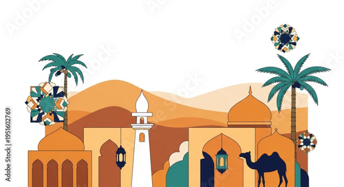 Vibrant Desert Oasis Illustration with Mosque, Camel, and Palm Trees.