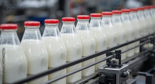 Milk filled bottles being c...