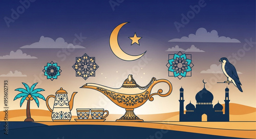 Arabian Nights - A Whimsical Illustration of Middle Eastern Culture and Mystique.