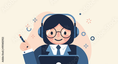 Cheerful person with headphones and glasses using a stylus and laptop
