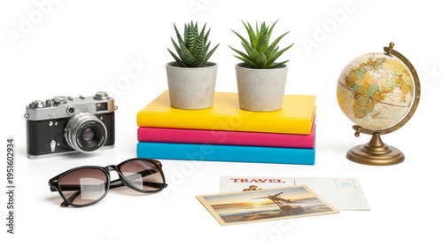 Travel Essentials - Camera, Globe, Plants, Books, Sunglasses, and Postcards.