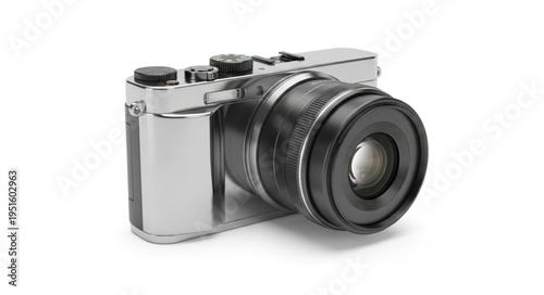 Retro-styled digital camera with a prominent lens and silver body.