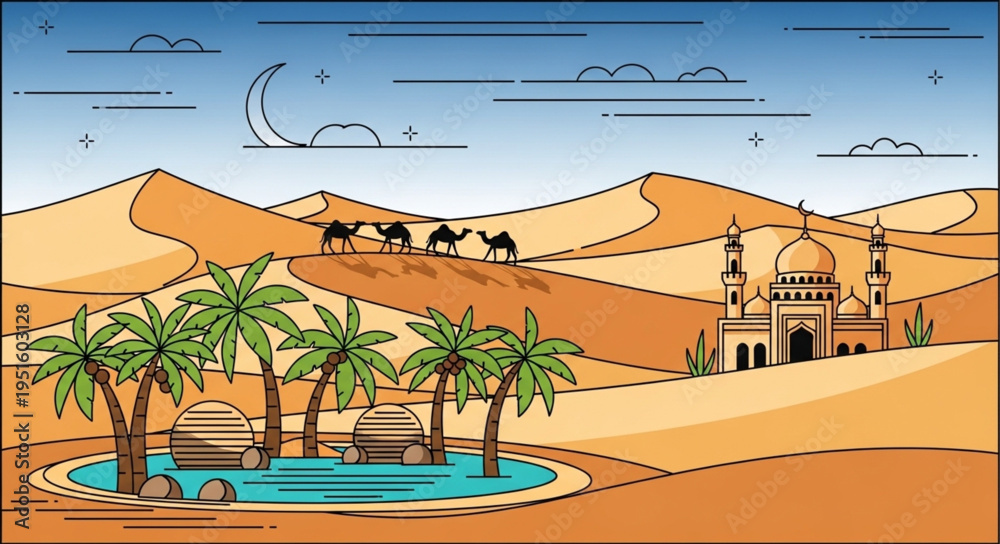 Obraz premium Desert Oasis Scene with Camels, Mosque, and Palm Trees Illustration.