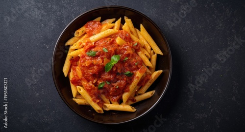 Penne pasta complemented by...