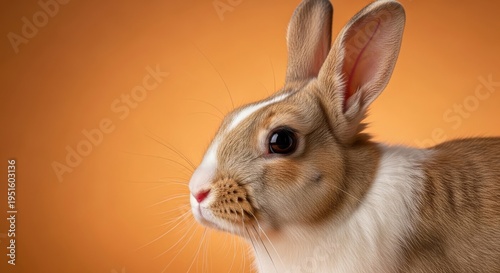 A close up portrait of a cute brown and white rabbit with long ears against a solid orange backdrop