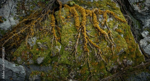 Green moss covering rocks w...