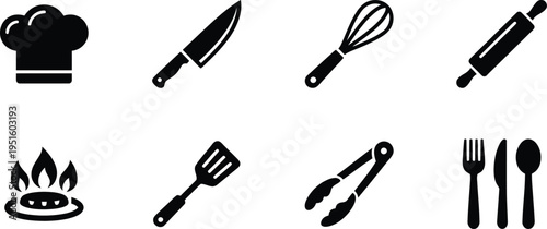 A collection of black kitchen utensil icons on a white background