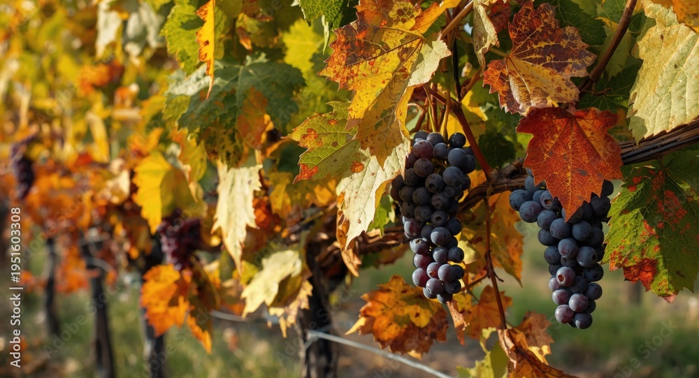 Naklejka premium Grapevine with ripe grapes and colorful autumn leaves in a vineyard setting
