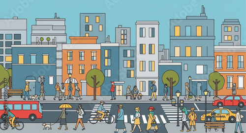 Vibrant Cityscape Illustration with Pedestrians and Vehicles in Motion.