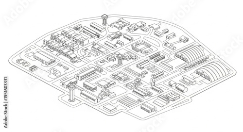 Detailed architectural isometric drawing of a complex urban cityscape with buildings and infrastructure.