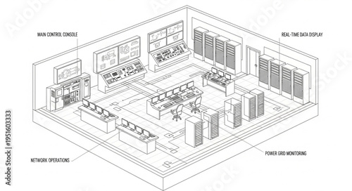 Isometric view of a server room with various technological equipment.
