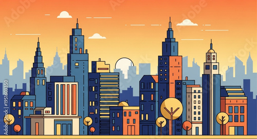Stylized Cityscape Illustration with Skyscrapers and Urban Landscape.