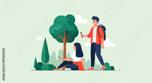 Couple Enjoying Nature - Man Taking Photo, Woman Relaxing Under Tree.
