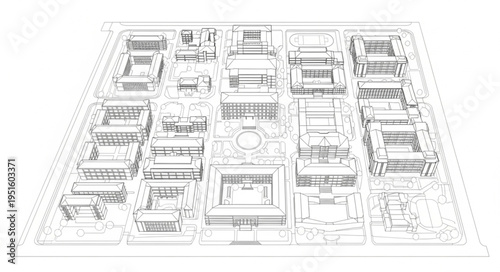 Architectural blueprint of a city block with detailed building structures and urban design.