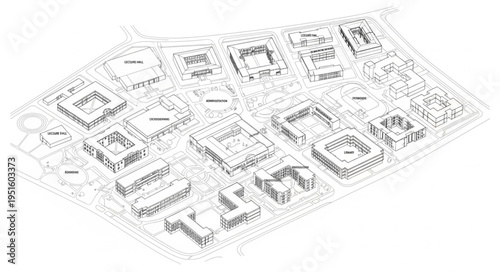 Isometric architectural rendering of a city block with various buildings and structures.