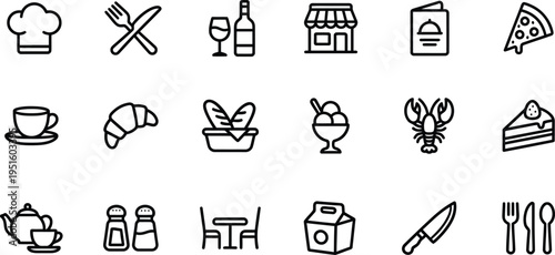 A collection of black and white food icons on a white background