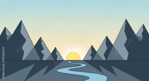 Serene Mountain Landscape with River and Sunrise Illustration.