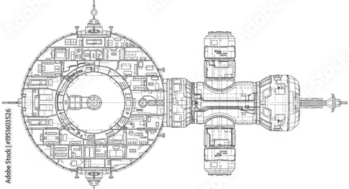 Detailed illustration of a futuristic space station with complex structural components and design.