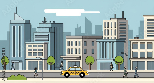 Cityscape Illustration with Buildings, Taxi, and Pedestrians on a Sunny Day.