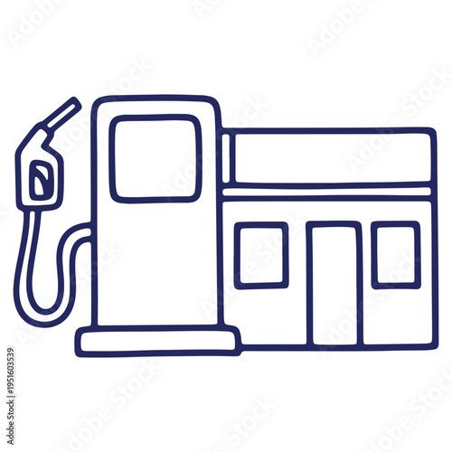 Minimalist Gas Station Outline Illustration for Transportation and Energy Concepts Simple Line Drawing of Fuel Dispenser and Store Building