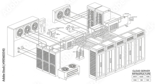 Detailed architectural blueprint showcasing a complex server room infrastructure design.