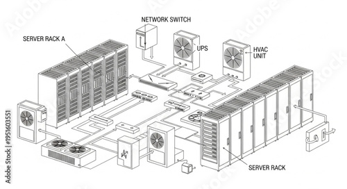 Detailed illustration of a data center infrastructure with servers and cooling systems.
