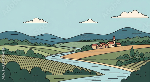 Idyllic Rural Landscape with River, Fields, and Village Illustration.