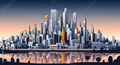 Vibrant Cityscape Reflection - A Modern Urban Skyline Illustration.