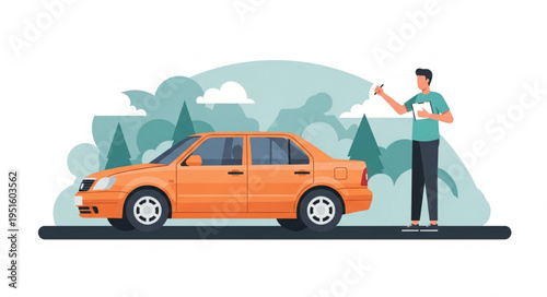 Orange Sedan Inspection by a Man with Clipboard.