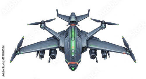 Futuristic military drone aircraft with multiple propellers and advanced technology.