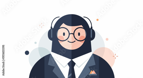 Cheerful person with headphones and glasses, dressed formally