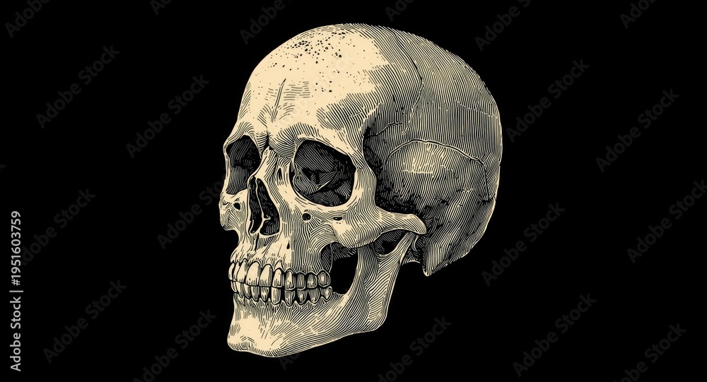 Obraz premium Antique style human skull 2d illustration with detailed engraving on black