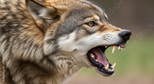 A close up profile portrait of a grey wolf showing its sharp teeth in an aggressive snarl pose