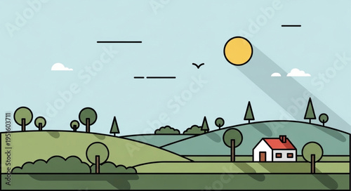 Minimalist Landscape Illustration with House, Trees, and Rolling Hills.