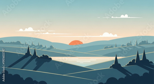 Serene Landscape Illustration - Rolling Hills, Lake, and Sunrise.