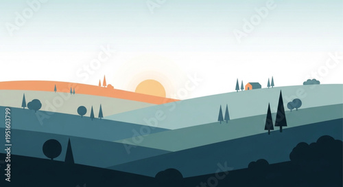 Serene Landscape Illustration - Rolling Hills at Sunrise with Trees and a House.