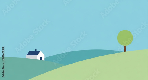 Minimalist Landscape with House and Tree on Rolling Hills.